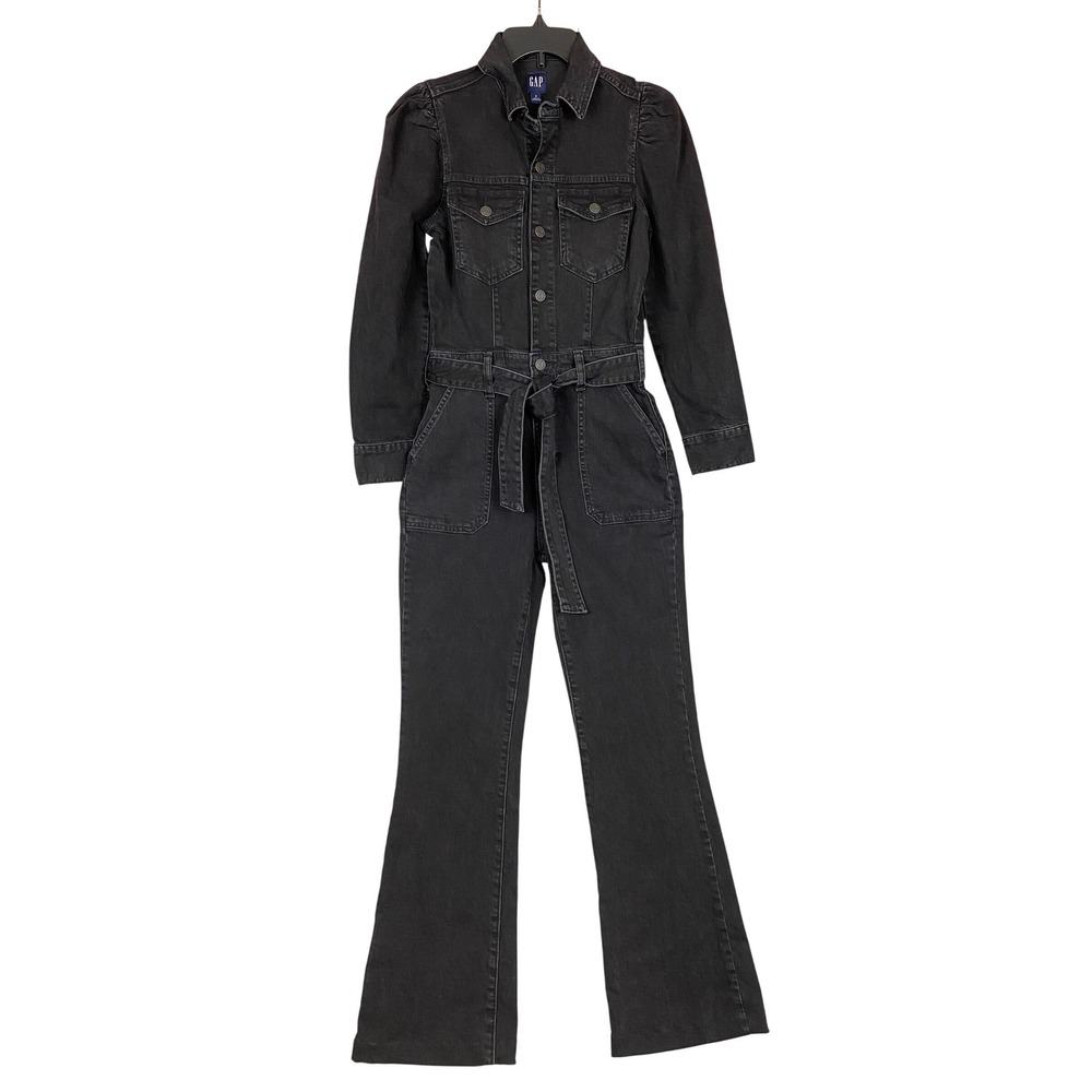 Gap LS Western Denim Puff Shoulder Flare Leg Jumpsuit Womens 2 Black Wash